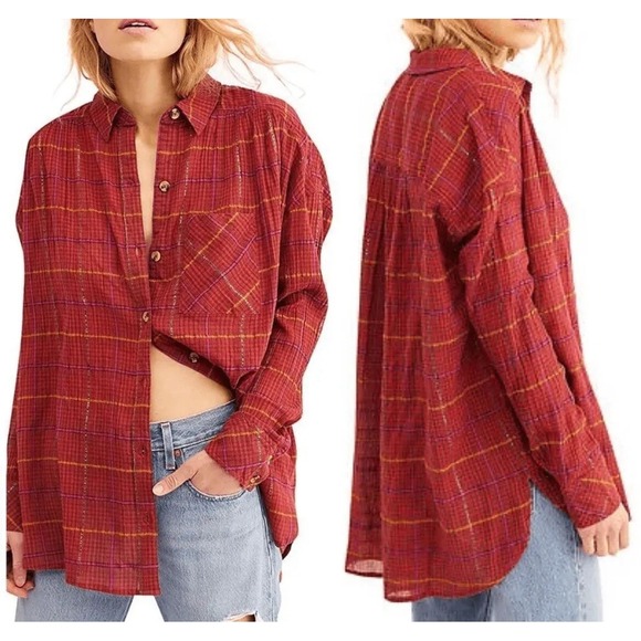 Free People Tops - FREE PEOPLE | Women's Break My Stride Red Plaid Button Down Boxy Top Size XS